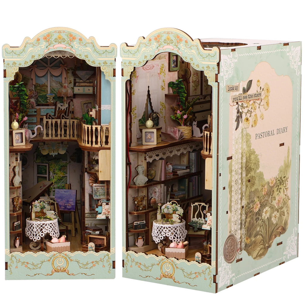 DIY Book Nook Kit, 3D Wooden Puzzle Bookshelf Insert Decor with LED Light B47802