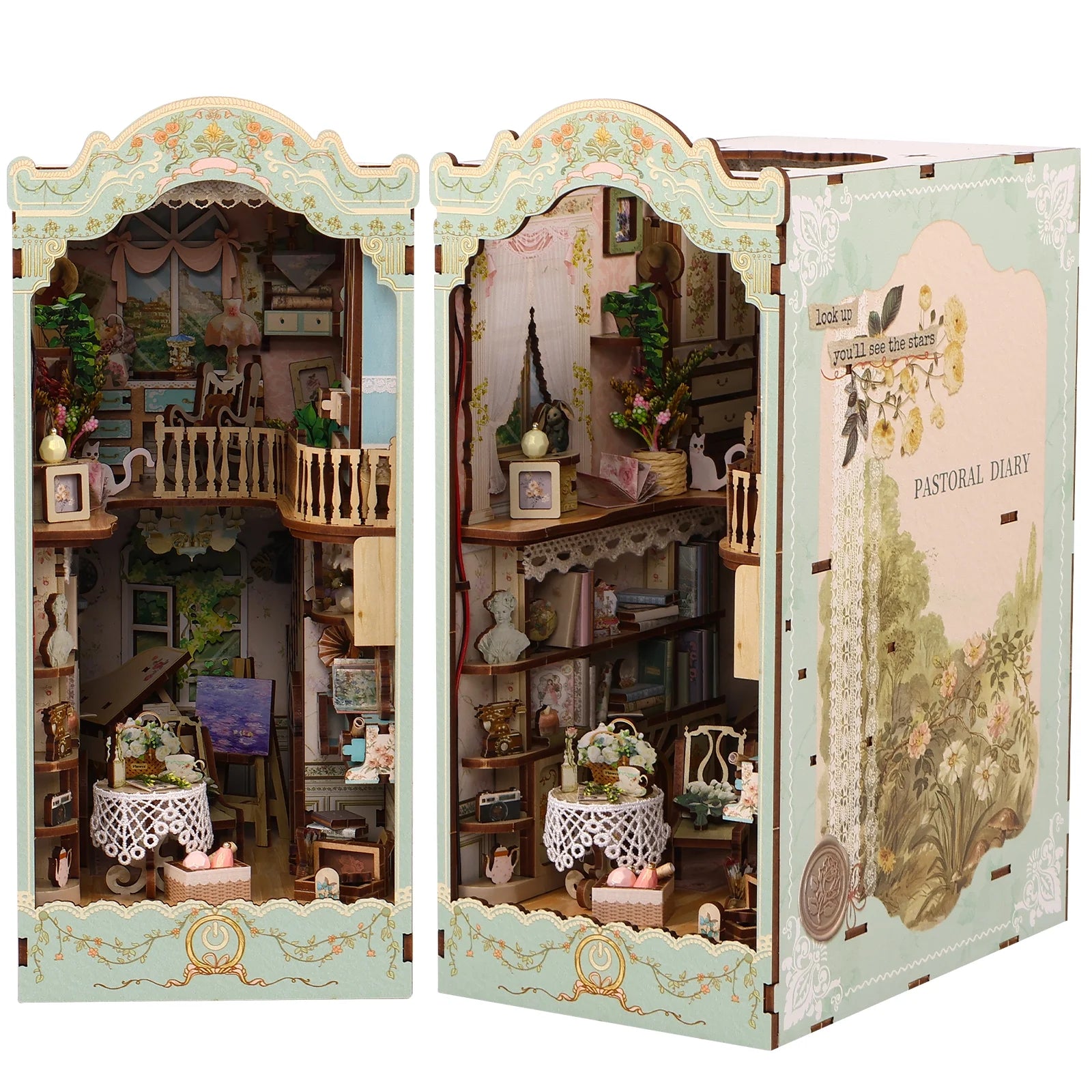 DIY Book Nook Kit, 3D Wooden Puzzle Bookshelf Insert Decor with LED Light B47802