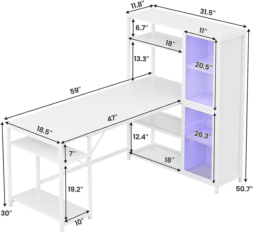 White L Shape Computer Desk with LED Light Shelves H907
