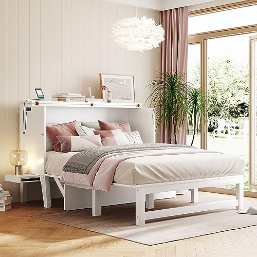 Queen Size Wood Murphy Bed with Bookcase and Storage Drawer R33530
