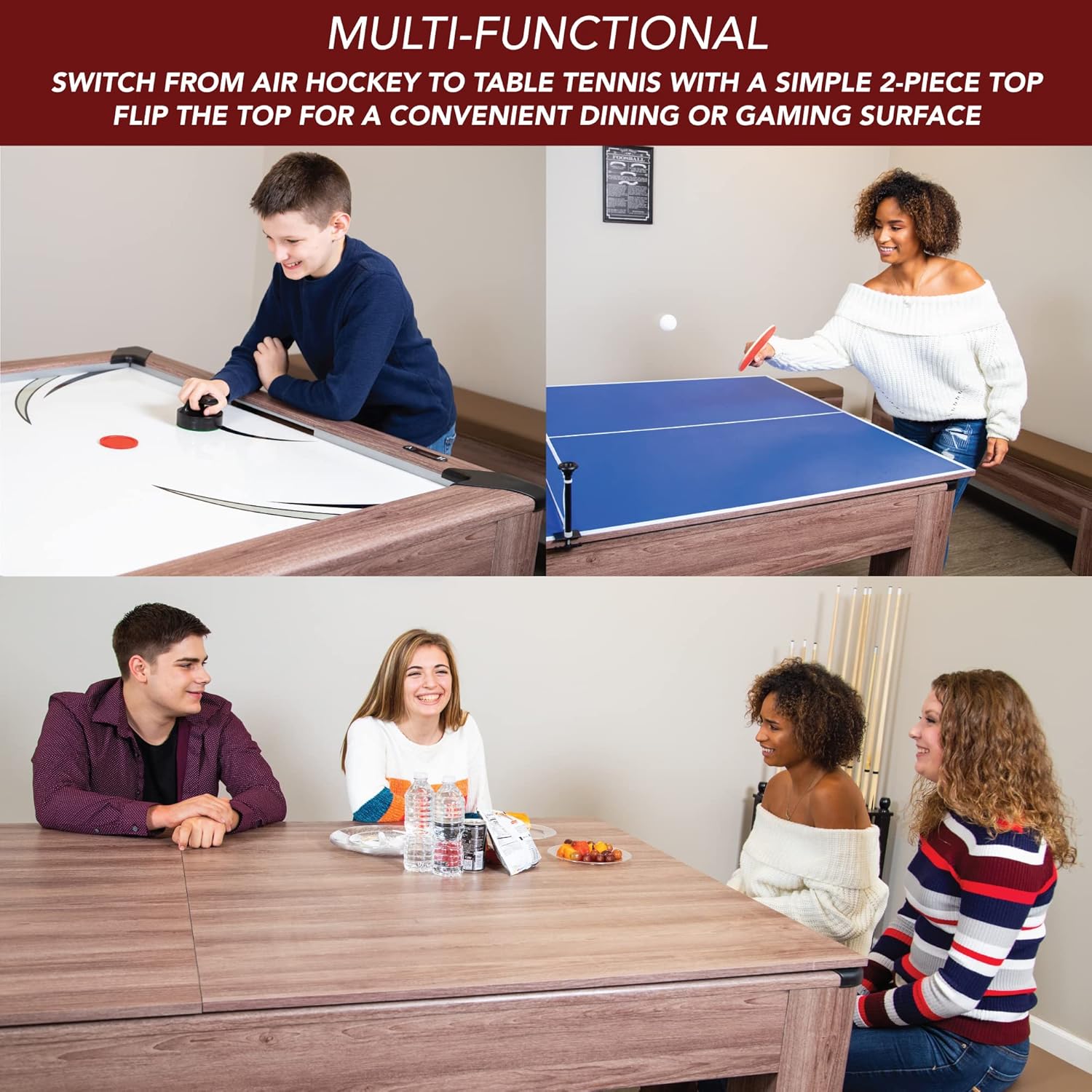 7-ft Air Hockey Table Tennis Combination with Dining Top and Two Storage Benches S105