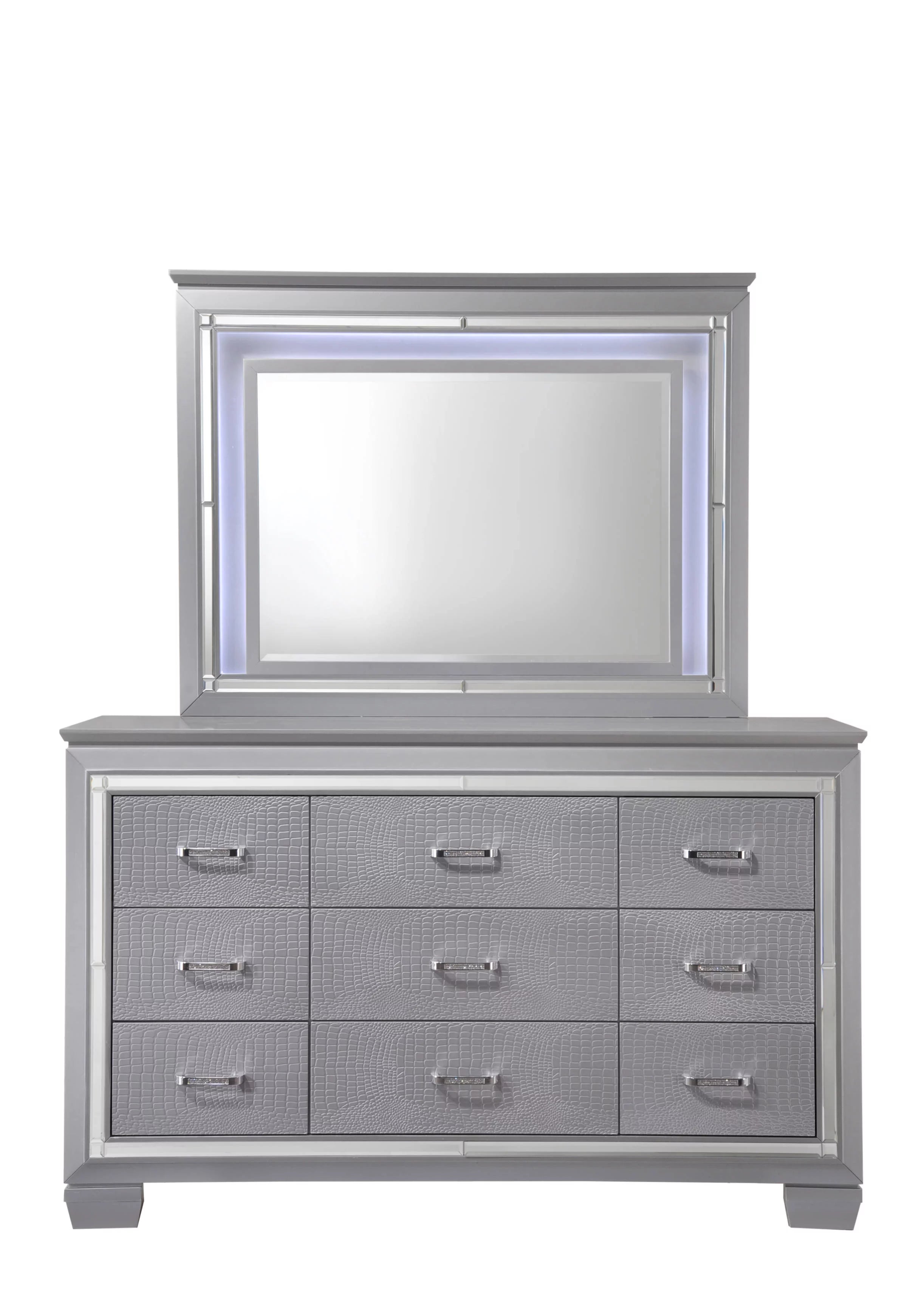 Queen Size LED Backlit Upholstered Bed Dresser Mirror Nightstand Chest Wooden Furniture Set R15312