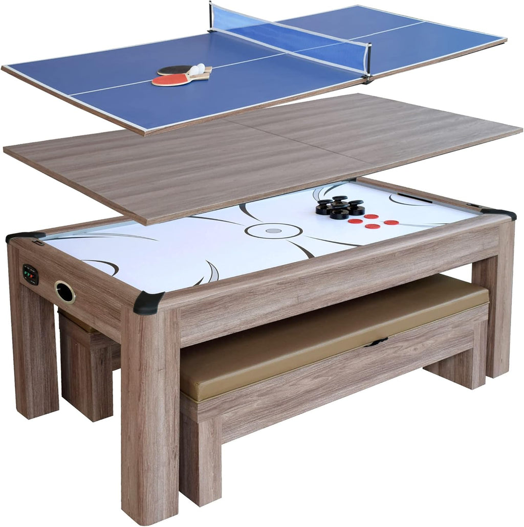 7-ft Air Hockey Table Tennis Combination with Dining Top and Two Storage Benches S105