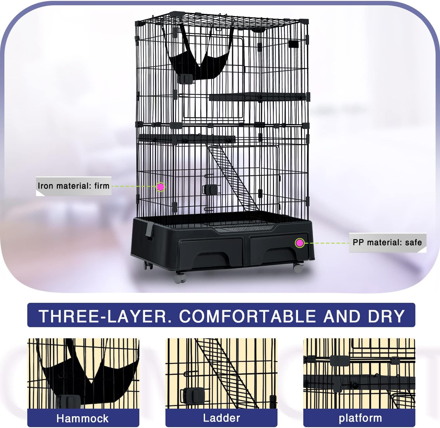 Large Metal Wire Cat Cage with Litter Box & 2 Front Door & Ramp Ladders & 2 Resting Platforms Tray I5908