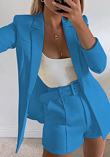 2 Piece Long Sleeve Open Front Blazer Short Suits with Belt G69552