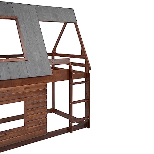 Oak & Smoky Grey Twin Over Twin Wood Bunk Bed with Roof and 2 Windows K11720