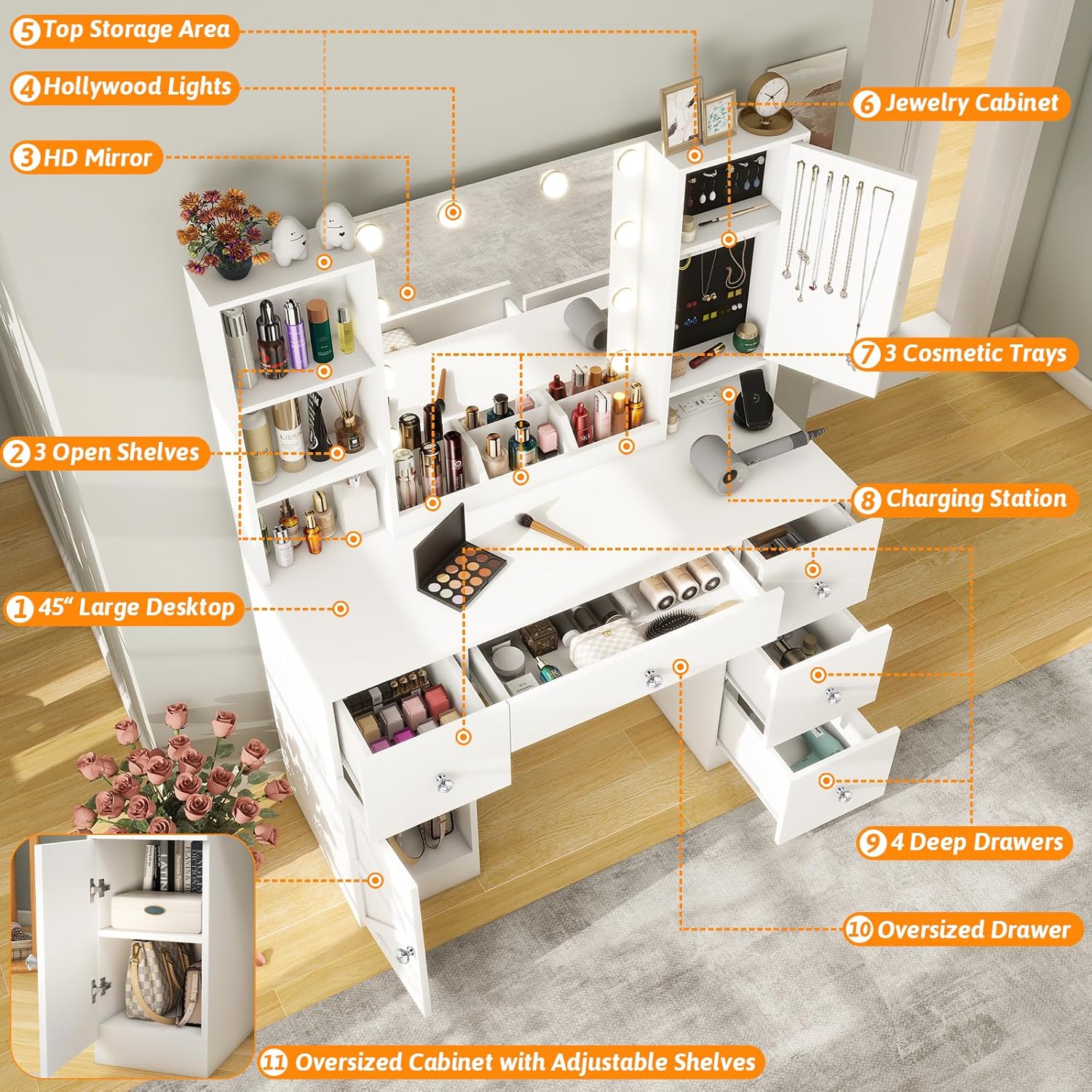 White 45" Makeup Vanity Desk with Lighted Mirror & Jewelry Cabinet, 5 Drawers Q271
