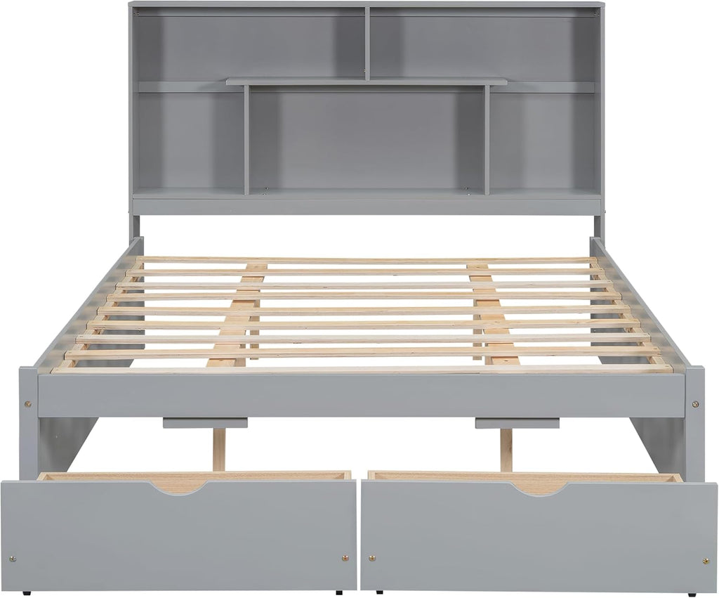 Gray Queen Size Wooden Platform Bedframe with Bookcase Headboard and 2 Storage Drawers R76788