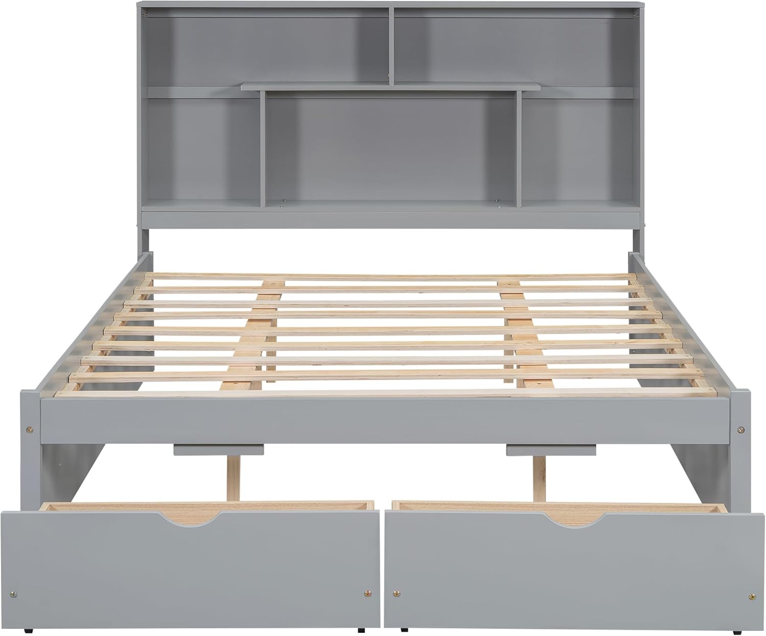 Gray Queen Size Wooden Platform Bedframe with Bookcase Headboard and 2 Storage Drawers R76788