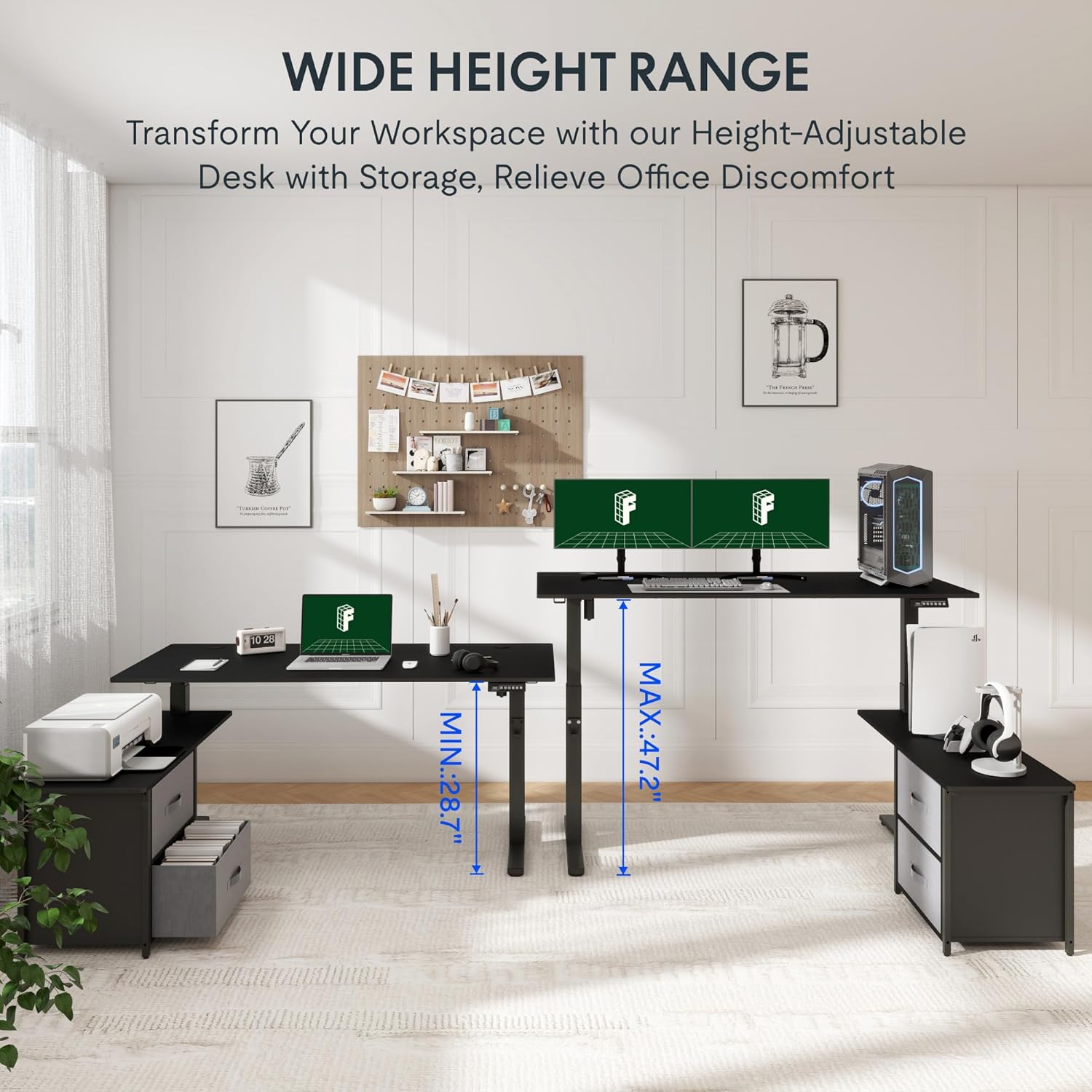 Black L Shaped Standing Desk with Drawers H38219