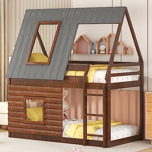 Oak & Smoky Grey Twin Over Twin Wood Bunk Bed with Roof and 2 Windows K11720