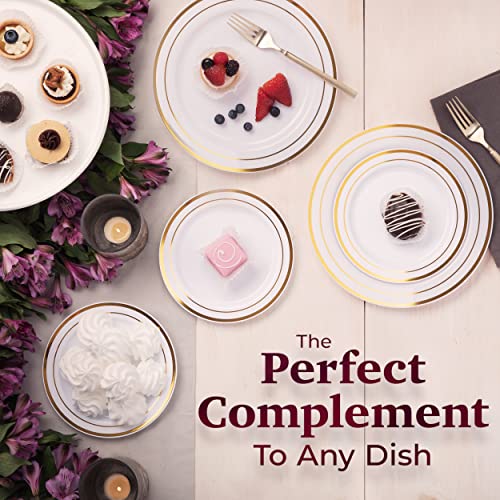 100 White Plastic Plates with Gold Trim, 50 Dinner Plates 10.25" + 50 Salad Plates 7.5" B731