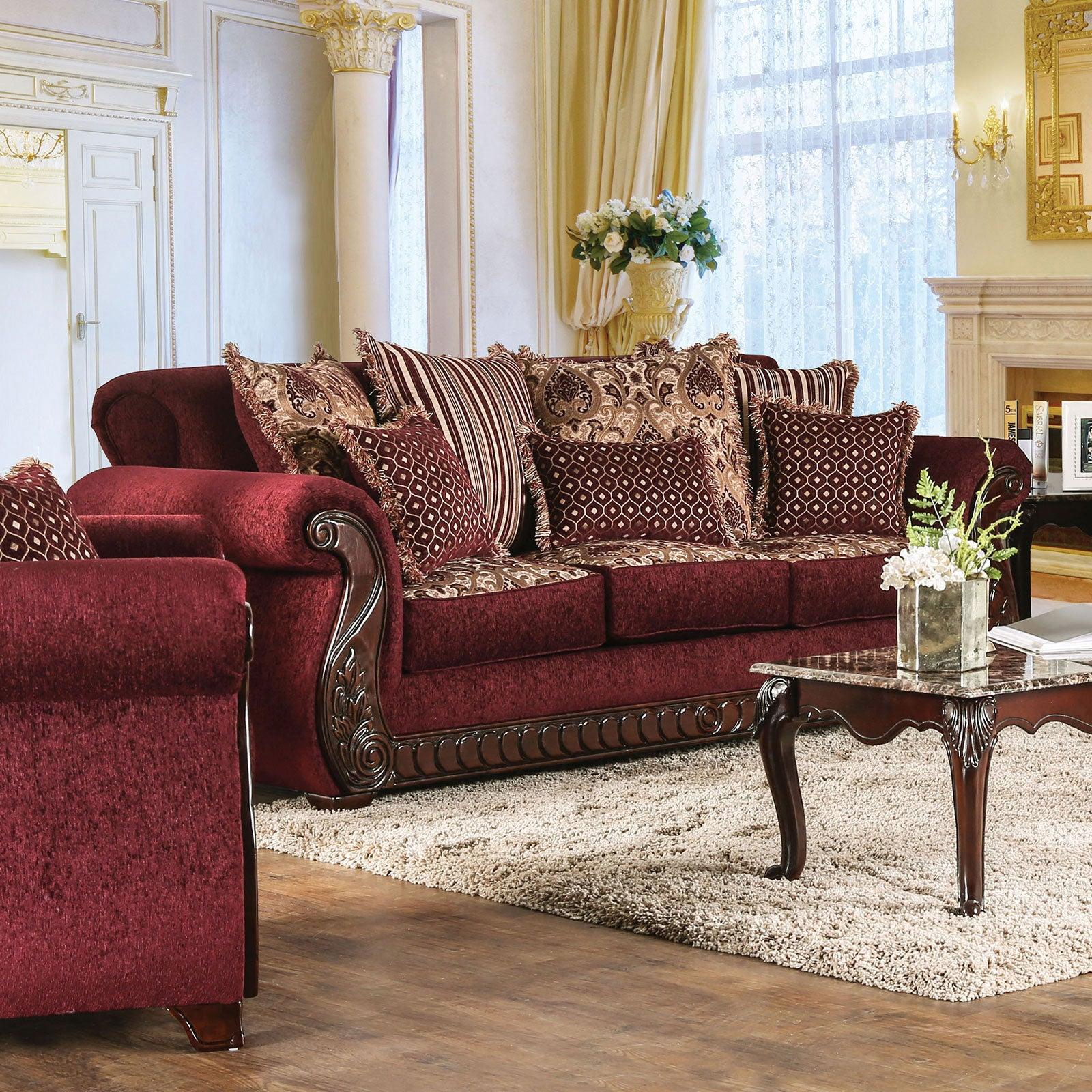 Traditional Wine Gold Fabric Living Room Set 3pcs I756