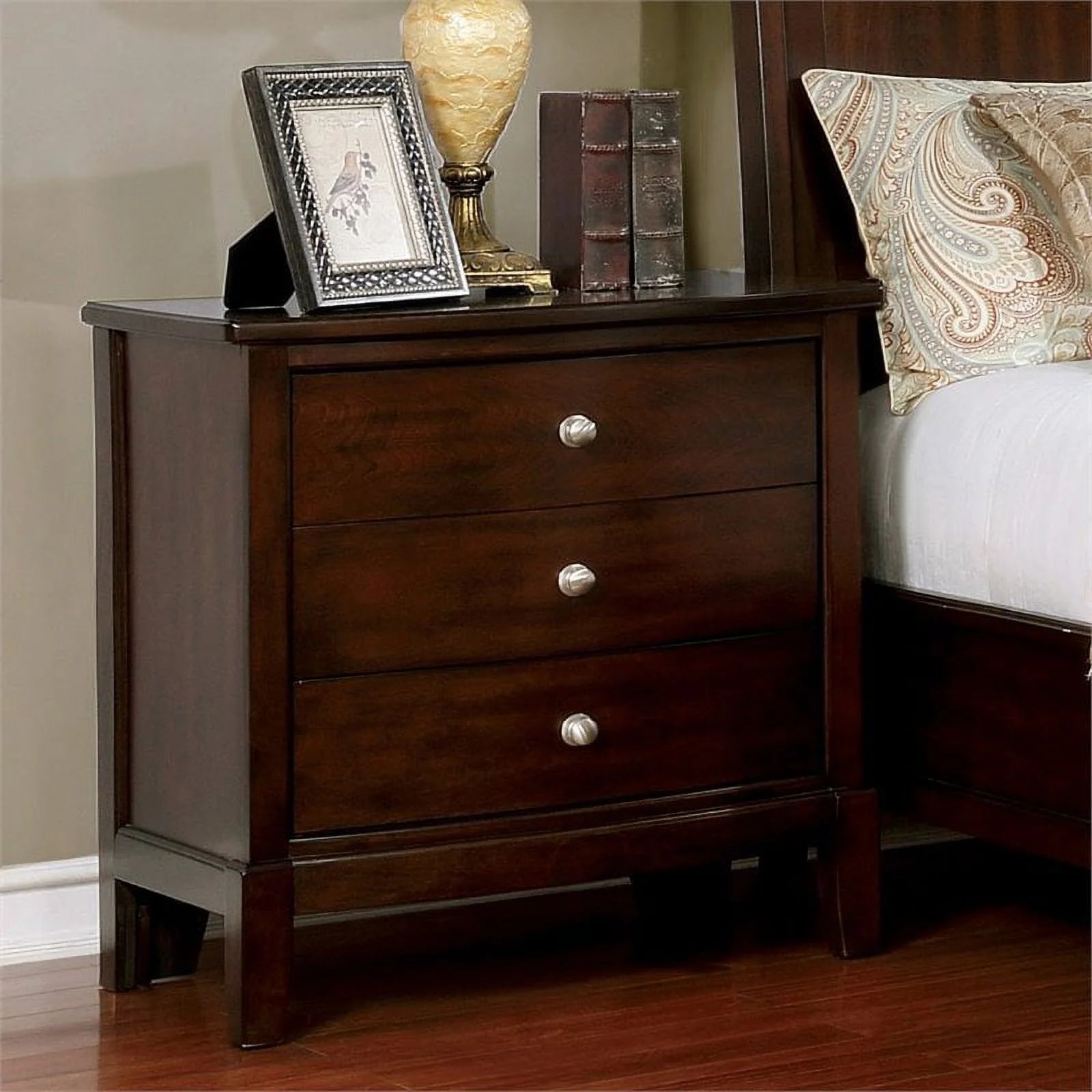 Brown Cherry Wood 3-Drawer Nightstand L89471