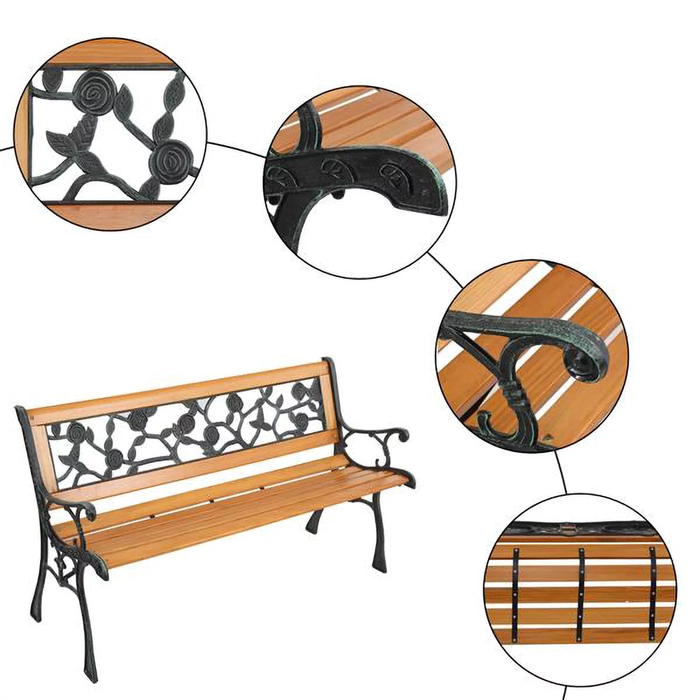 49-Inch Cast Iron Steel Frame Hardwood Garden Bench with Floral Design Backrest E14993