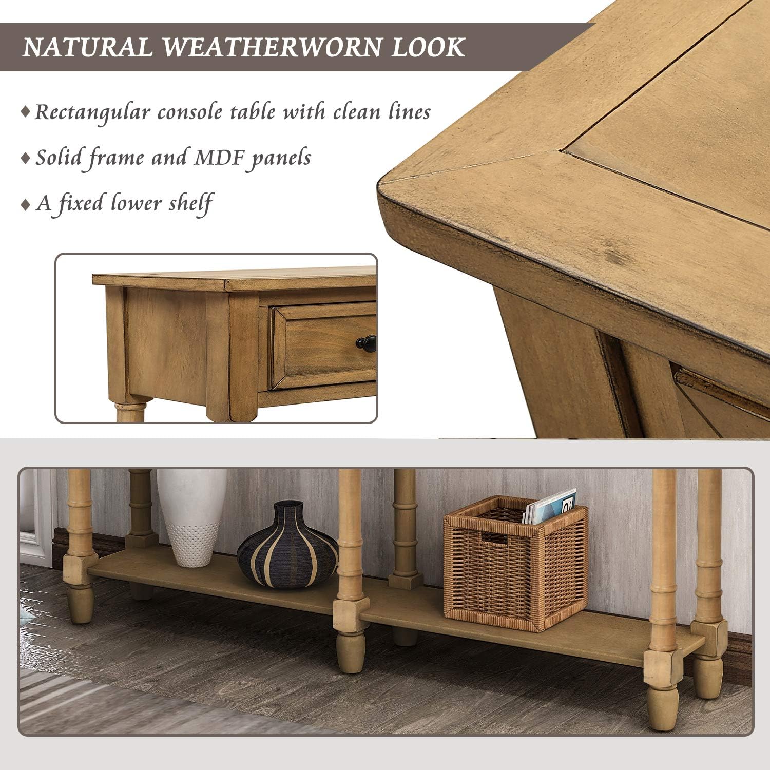 Old Pine Solid Wood Console Sofa with Two Storage Drawers and Bottom Shelf X61086