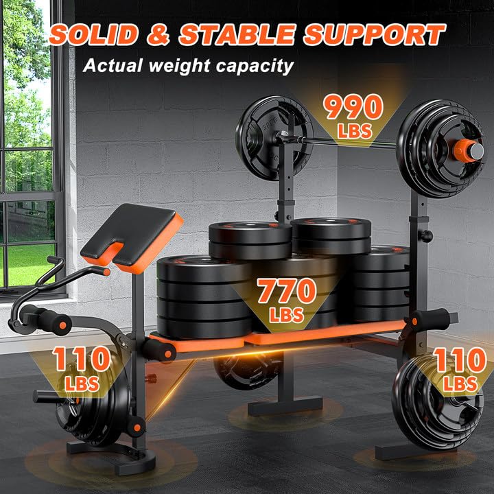 Adjustable Weight Bench with Leg Extension, Preacher Curl & Butterfly Arm, 990lbs Heavy Duty Bench Press C84127