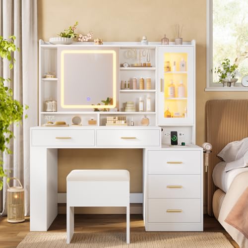 White 47.2"W Vanity Desk with Sliding LED Lighted Mirror, Drawers, Shelves and Side Storage R245260