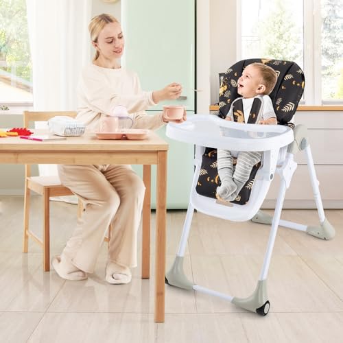 Light Gray Foldable Baby High Chair with Wheels Y924348