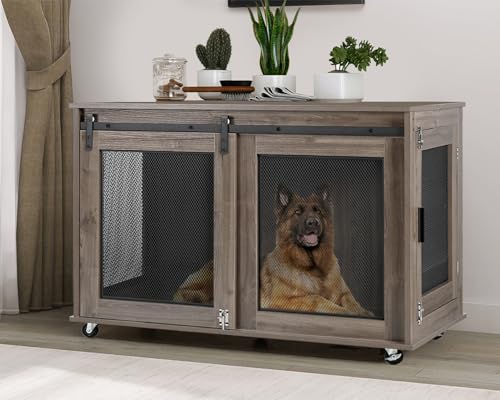 47 Inch Wooden Dog Crate Furniture with Sliding Doors and Wheels E479009