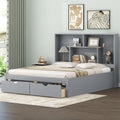 Gray Queen Size Wooden Platform Bedframe with Bookcase Headboard and 2 Storage Drawers R76788