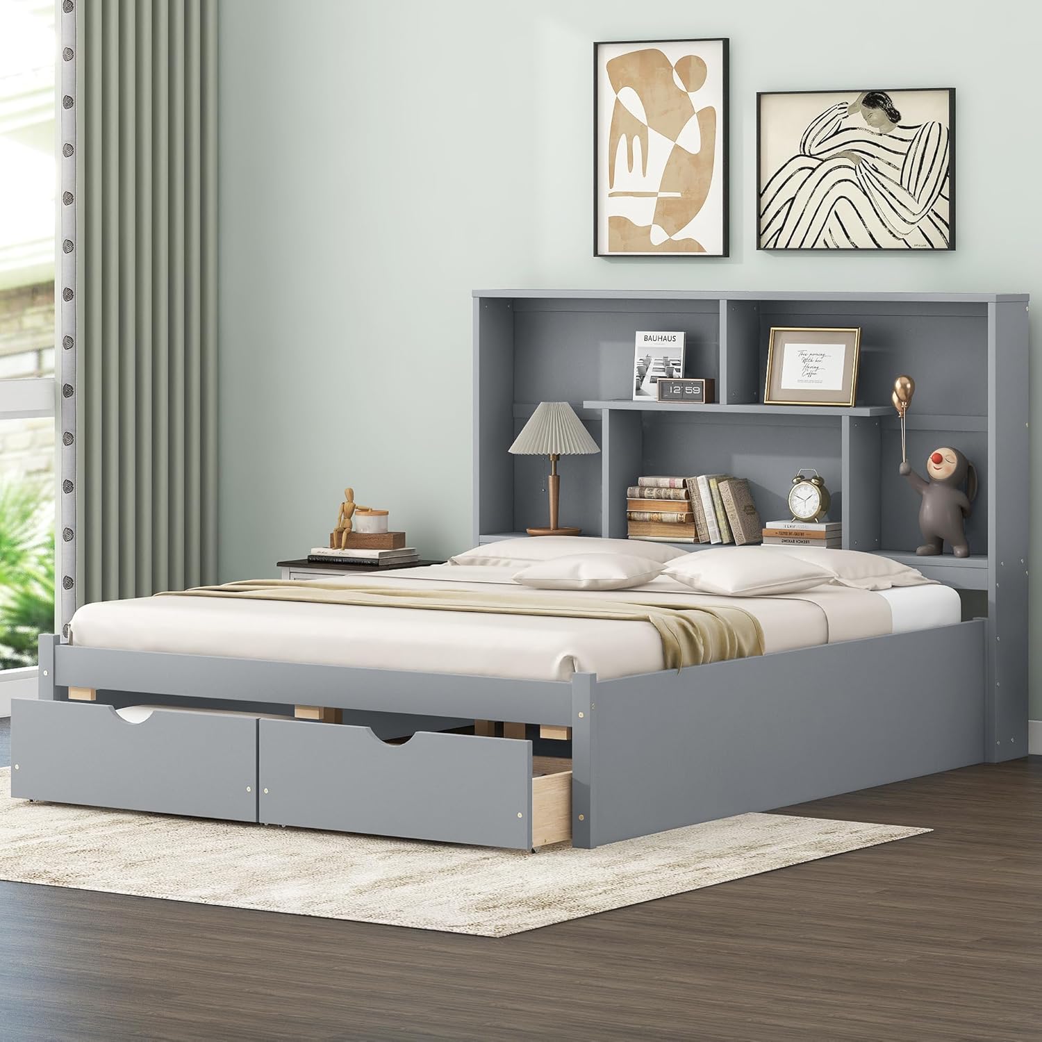 Gray Queen Size Wooden Platform Bedframe with Bookcase Headboard and 2 Storage Drawers R76788
