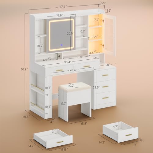 White 47.2"W Vanity Desk with Sliding LED Lighted Mirror, Drawers, Shelves and Side Storage R245260
