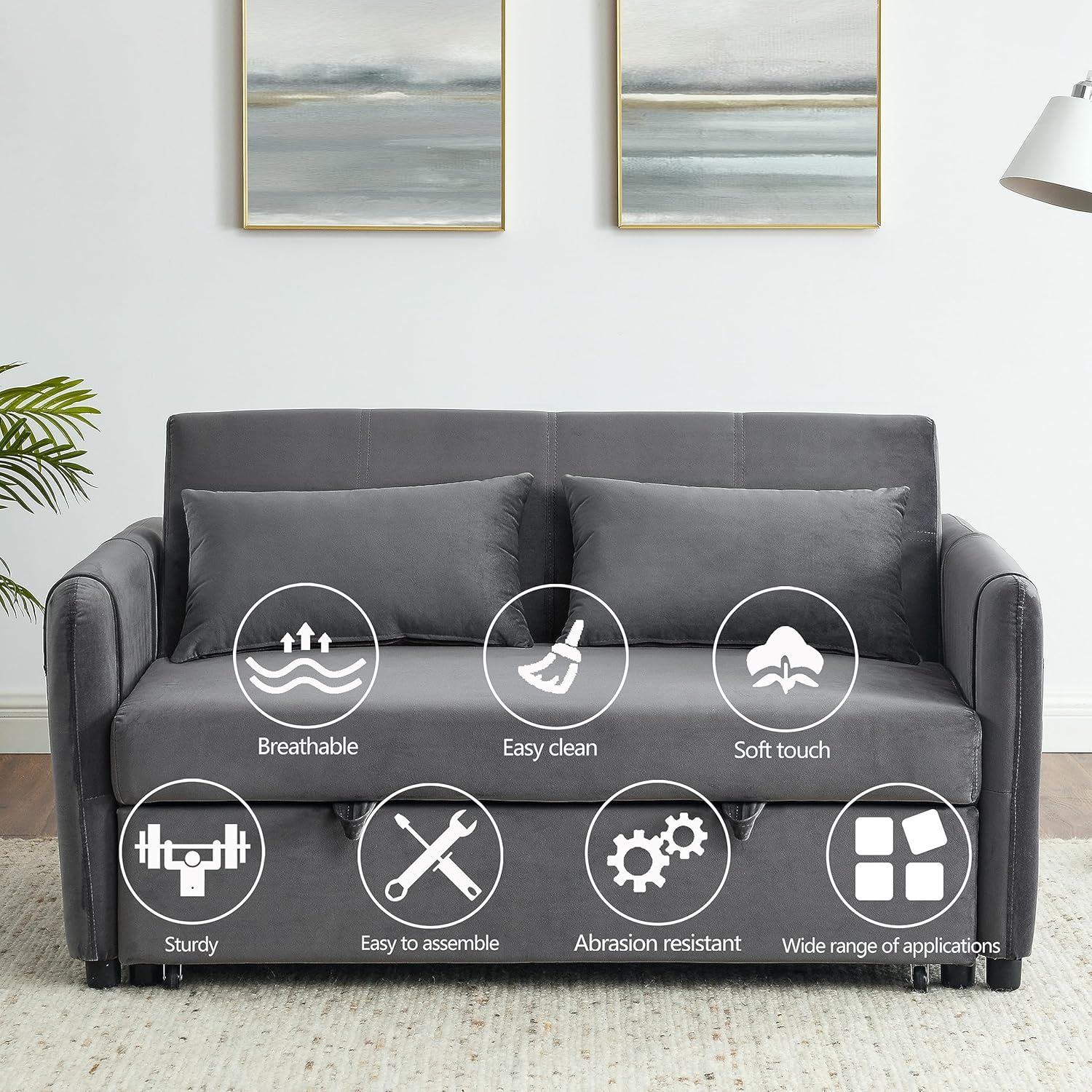 54" 3-in-1 Convertible Sleeper Pull Out Sofa Bed Recliner Grey Z10714