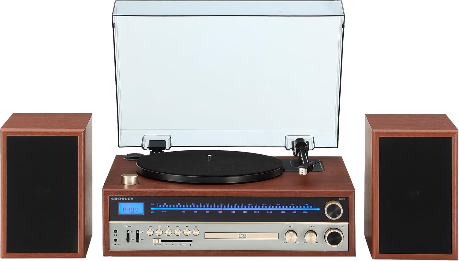 Walnut Turntable System with Bluetooth, CD, AM/FM and Speakers K855