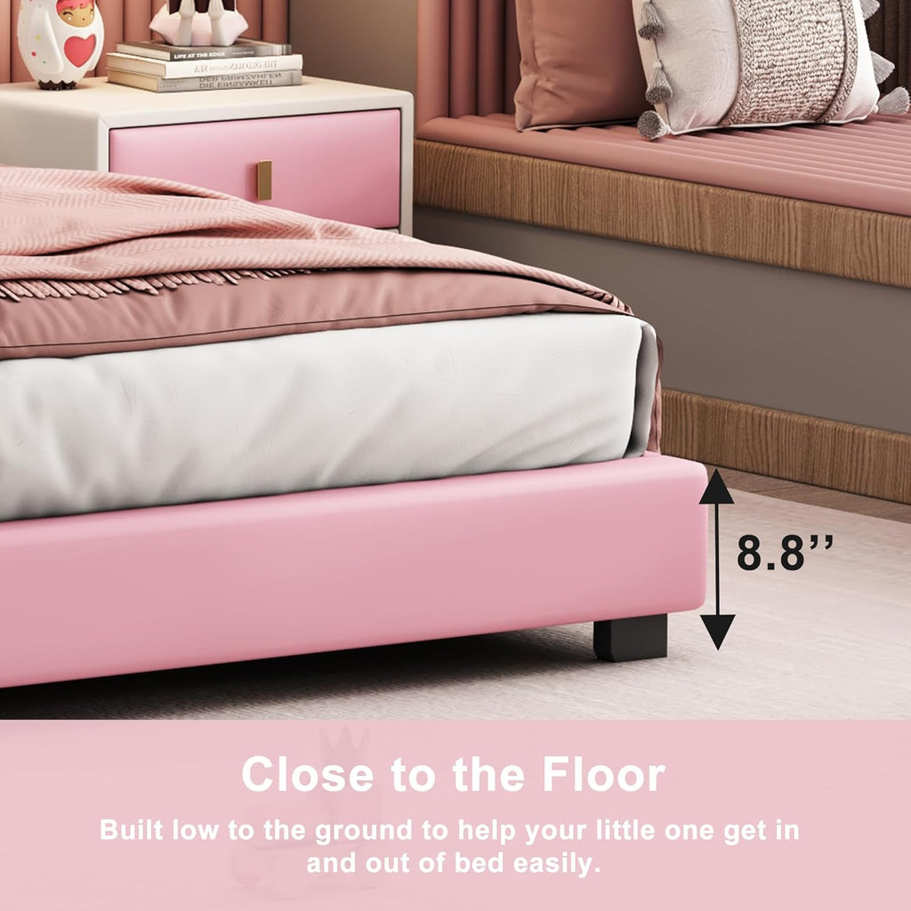 Pink Twin Size PU Upholstered Princess Bed Frame with Crown Headboard G84329