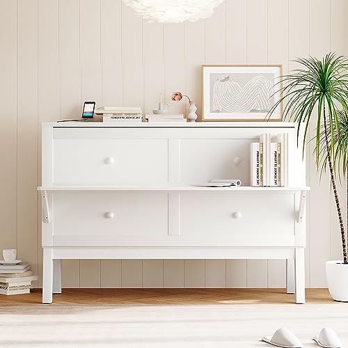 Queen Size Wood Murphy Bed with Bookcase and Storage Drawer R33530