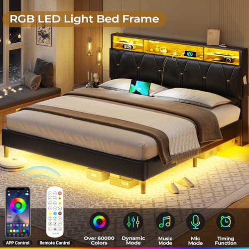 Creamy White Velvet Upholstered Full Size Bed Frame with Headboard Storage and LED Lights L3297