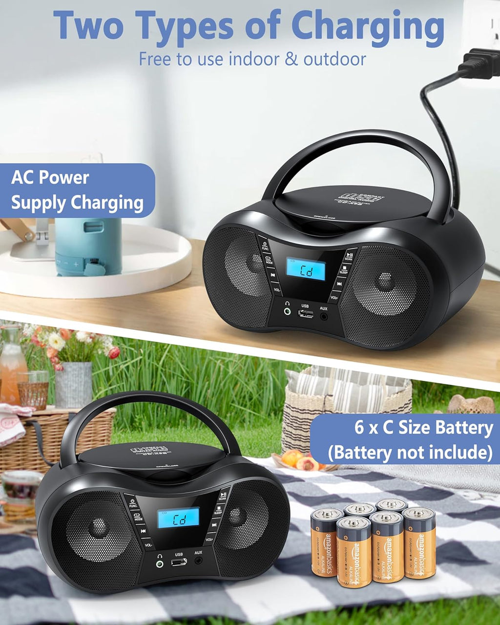 Portable CD Player Boombox with FM Radio, Bluetooth, LCD Display, USB/AUX Input, AC/Battery Powered O860
