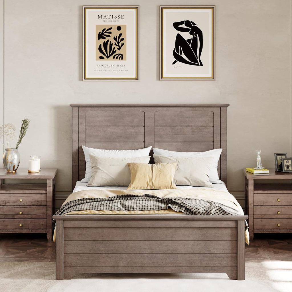 Full Size Wood Platform Bed with High Headboard and Footboard E64344