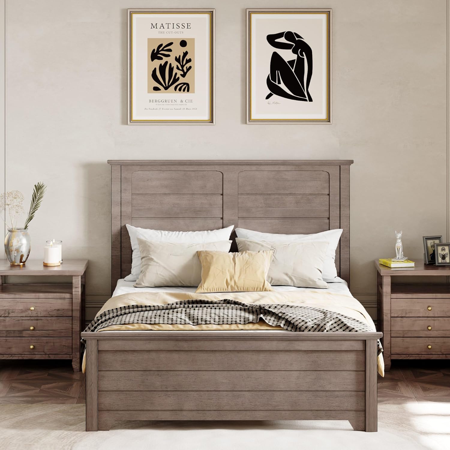 Full Size Wood Platform Bed with High Headboard and Footboard E64344