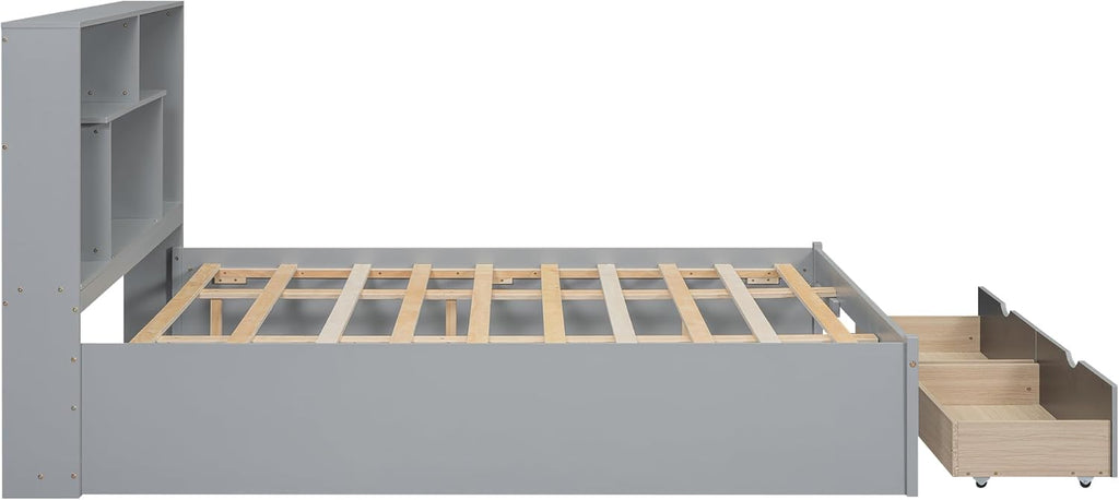 Gray Queen Size Wooden Platform Bedframe with Bookcase Headboard and 2 Storage Drawers R76788