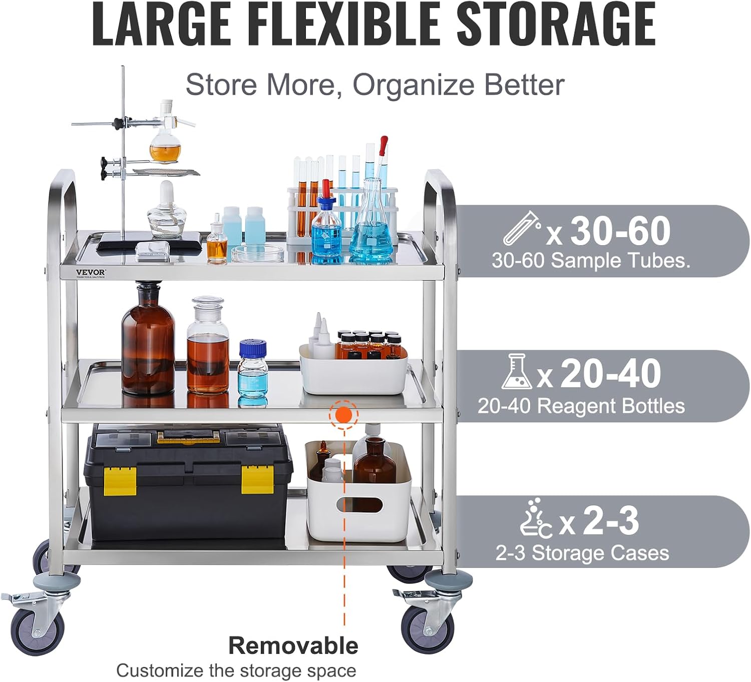 Stainless Steel 3 Shelves Rolling Lab Cart with Foot Brake T7239