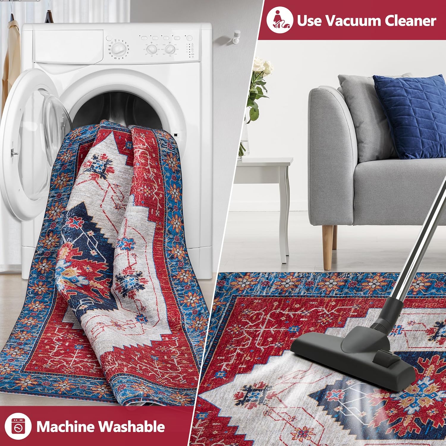 Red/Multi 2'x3' Non Slip Washable Distressed Low-Pile Rug O345543