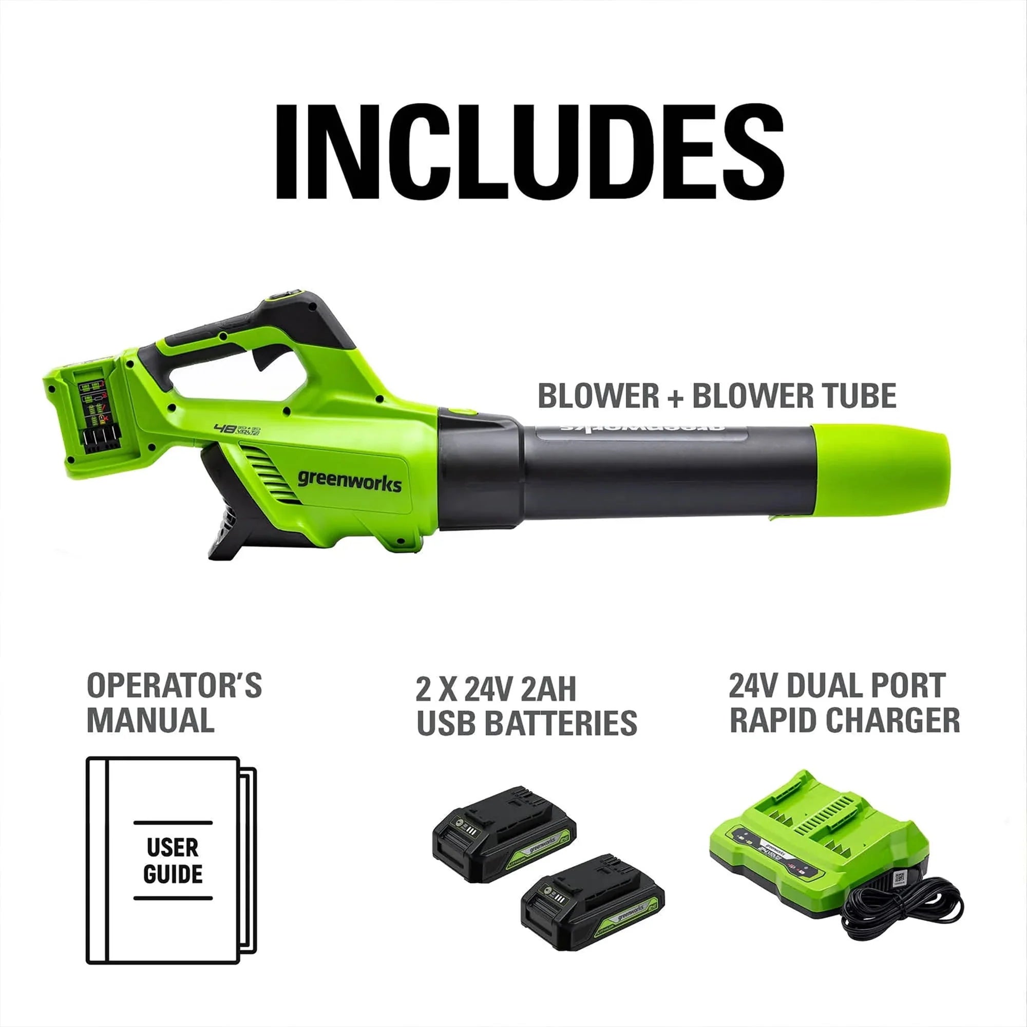 48V Brushless Leaf Blower 515CFM 125MPH with 2 2.0Ah Batteries & 4A Dual Port Charger A1821