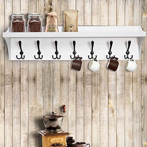 White 24” Solid Pine Wood Wall Shelf with 5 Hooks Q55203