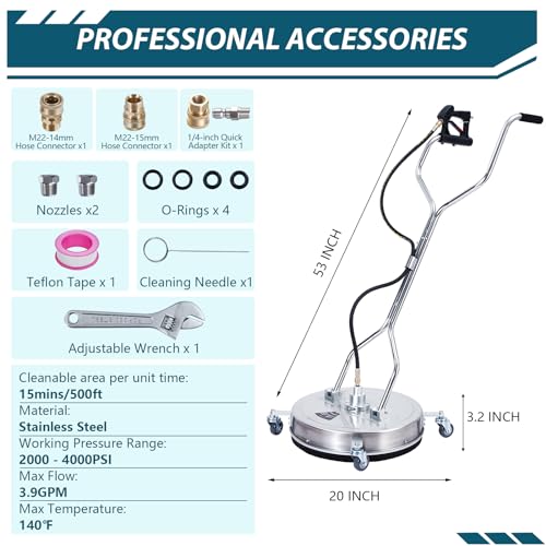 24" Pressure Washer Surface Cleaner with Dual Handle, 4 Wheels, 3/8" Quick Connect, 2 Replacement Nozzles, Stainless Steel V10172