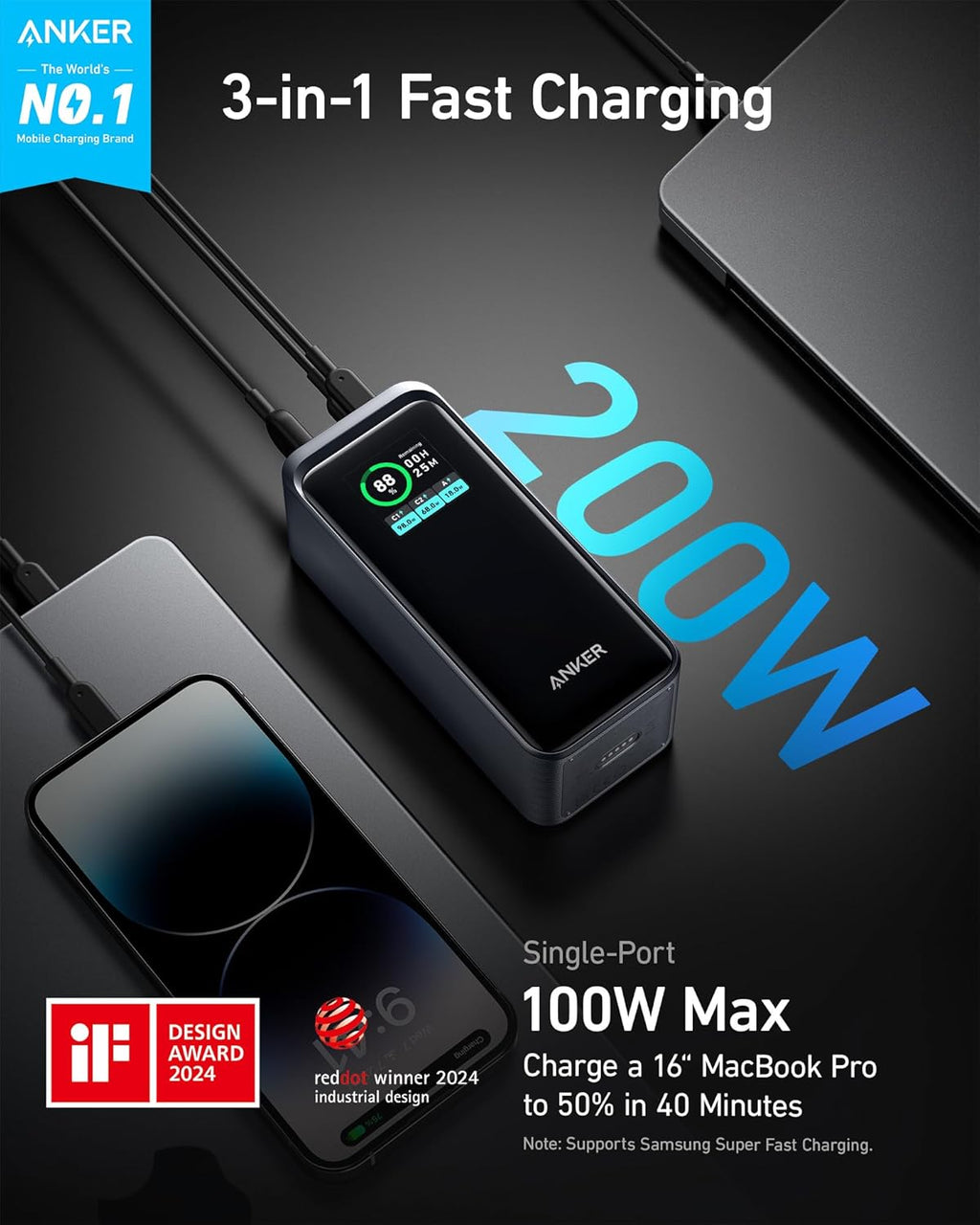 24,000mAh 3-Port Portable Charger with 140W Output Y718336
