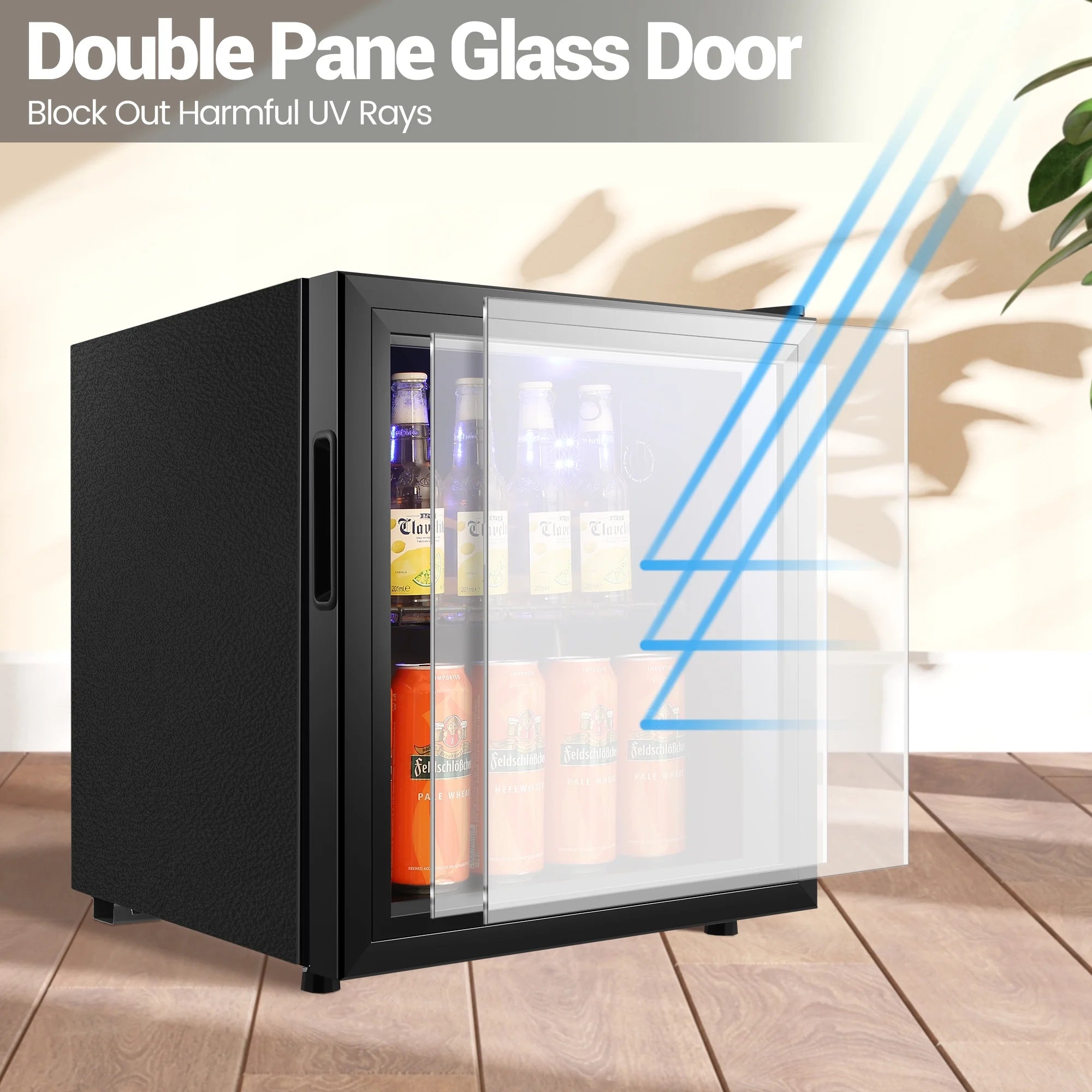 Mini Fridge with Glass Door 50 Can Cooler with Wine Rack, Stainless Steel Look J1212