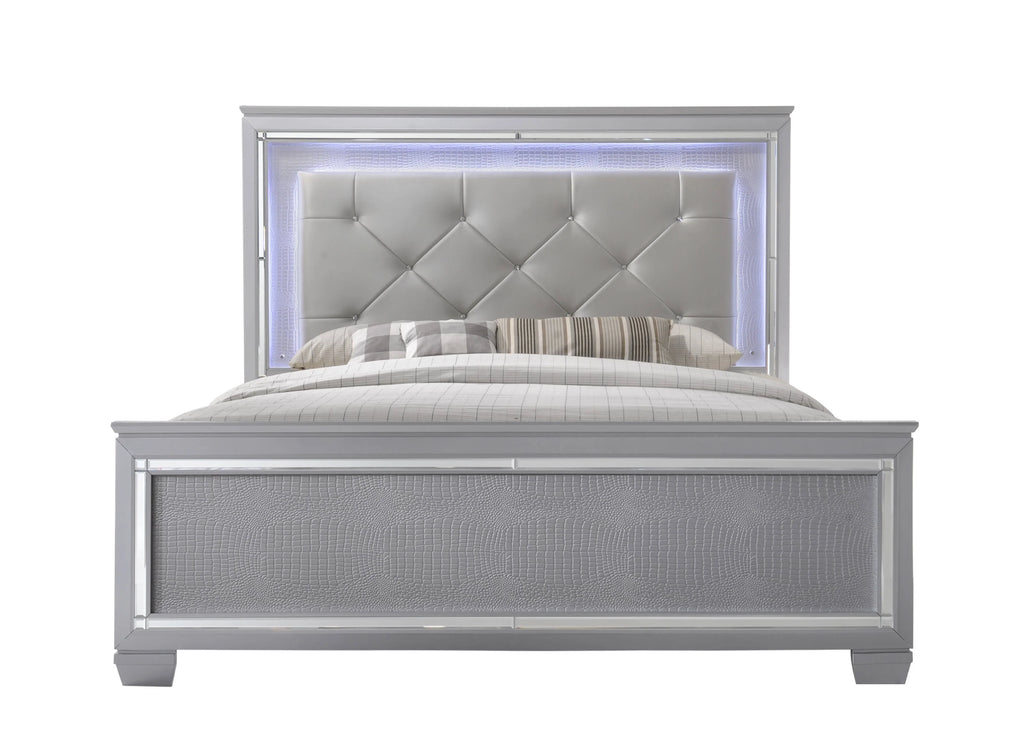 Queen Size LED Backlit Upholstered Bed Dresser Mirror Nightstand Chest Wooden Furniture Set R15312