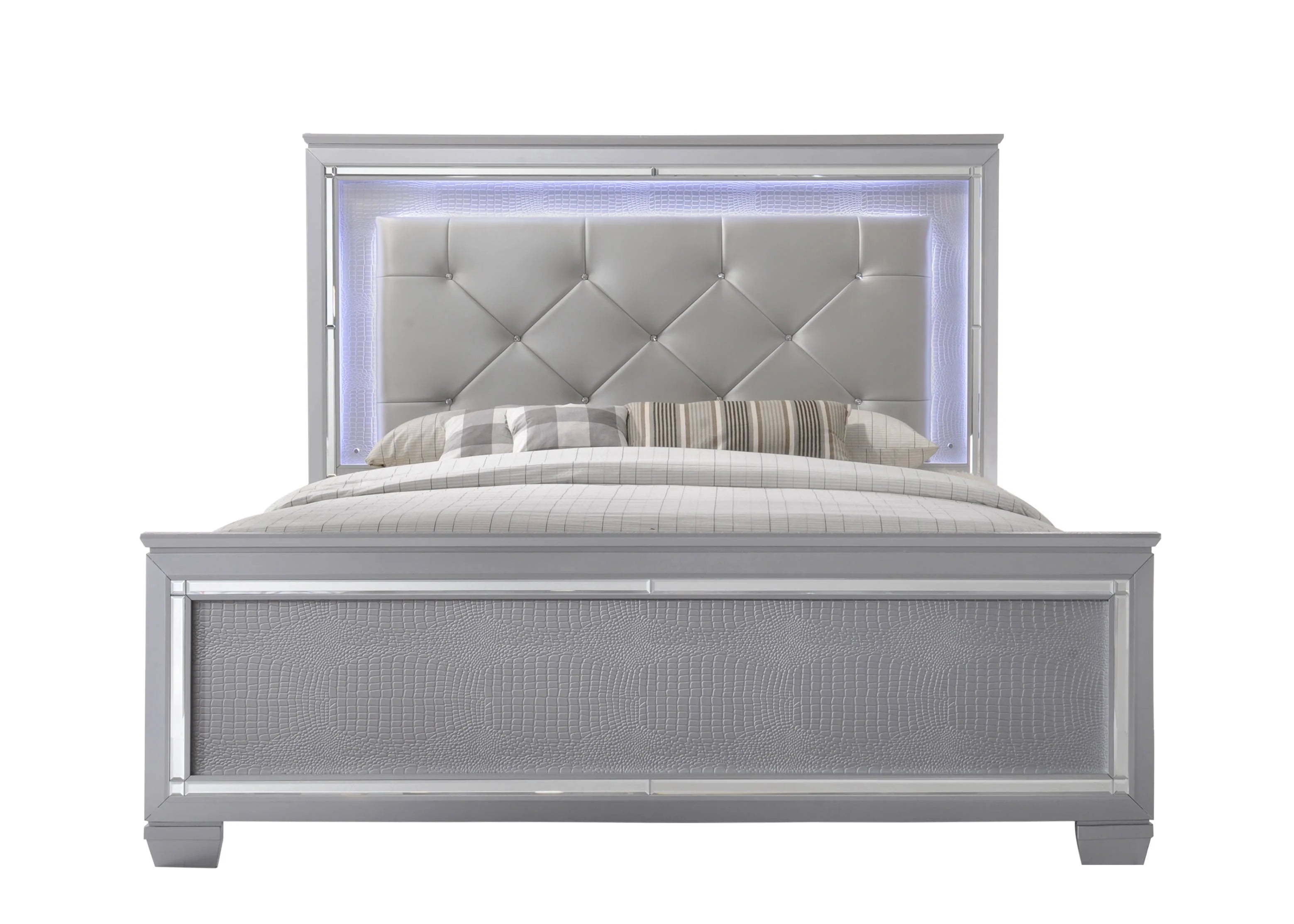 Queen Size LED Backlit Upholstered Bed Dresser Mirror Nightstand Chest Wooden Furniture Set R15312