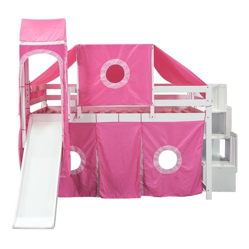 Full Loft Bed with Slide, Storage Stairs, and Tent, Dark Blue T6822