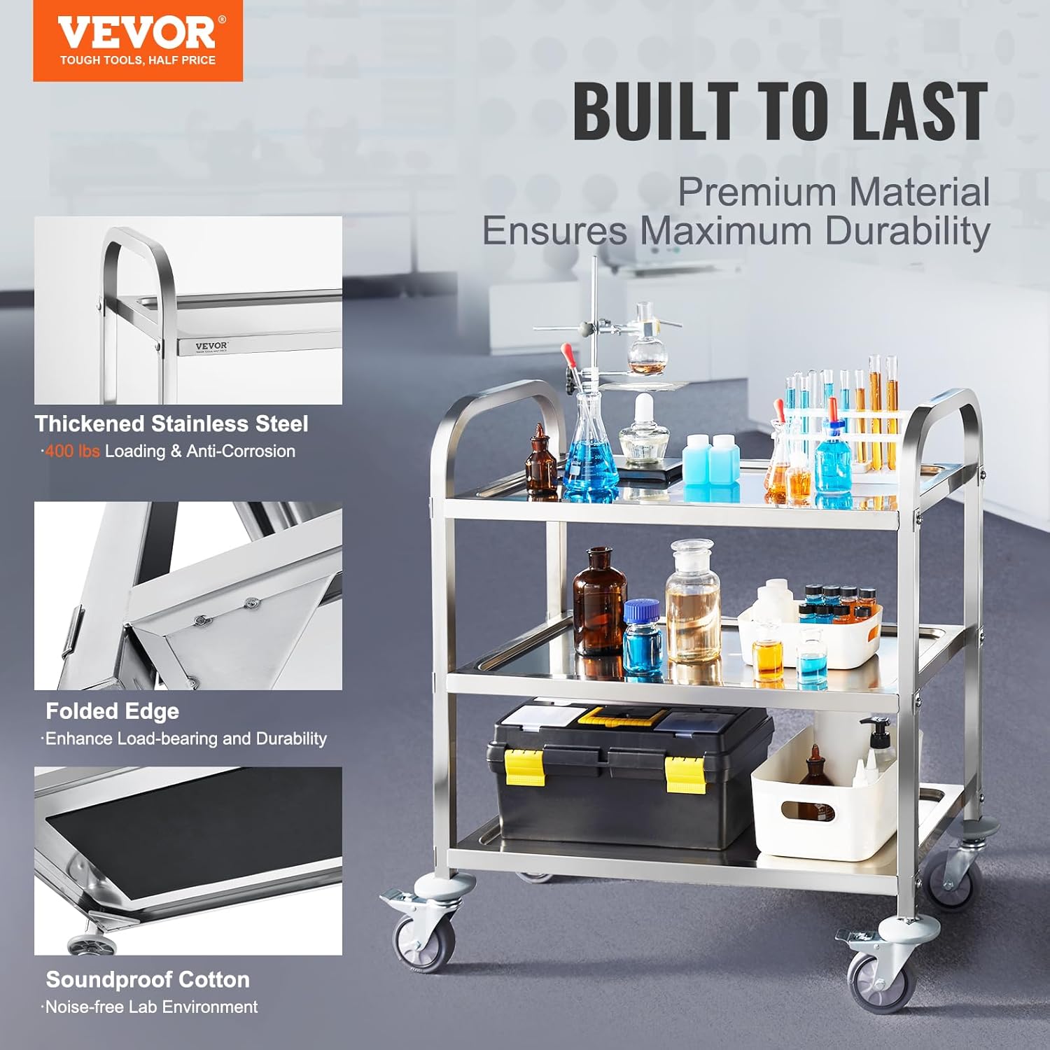 Stainless Steel 3 Shelves Rolling Lab Cart with Foot Brake T7239