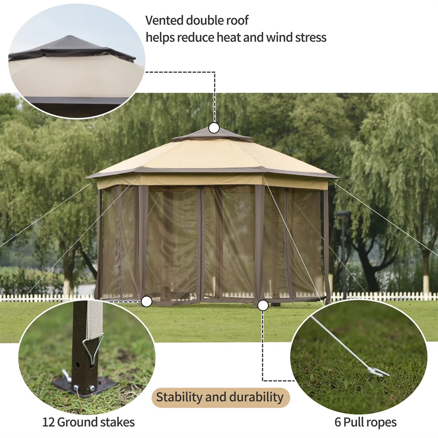 13x13FT Outdoor Gazebo with Mosquito Netting Sidewalls D1096