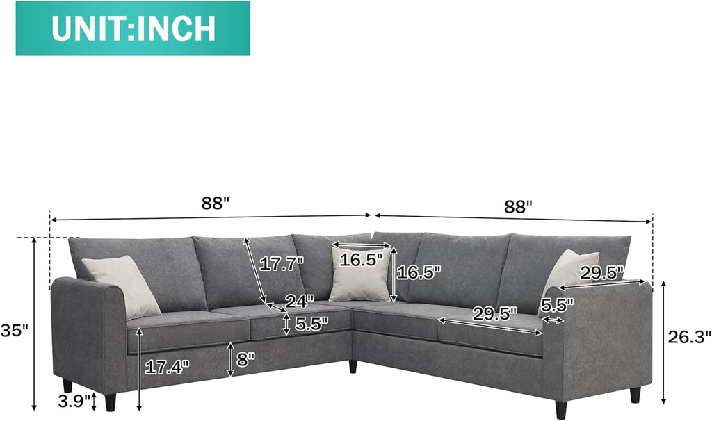 Gray L-Shape Upholstered Sectional Sofa with 3 Pillows U588