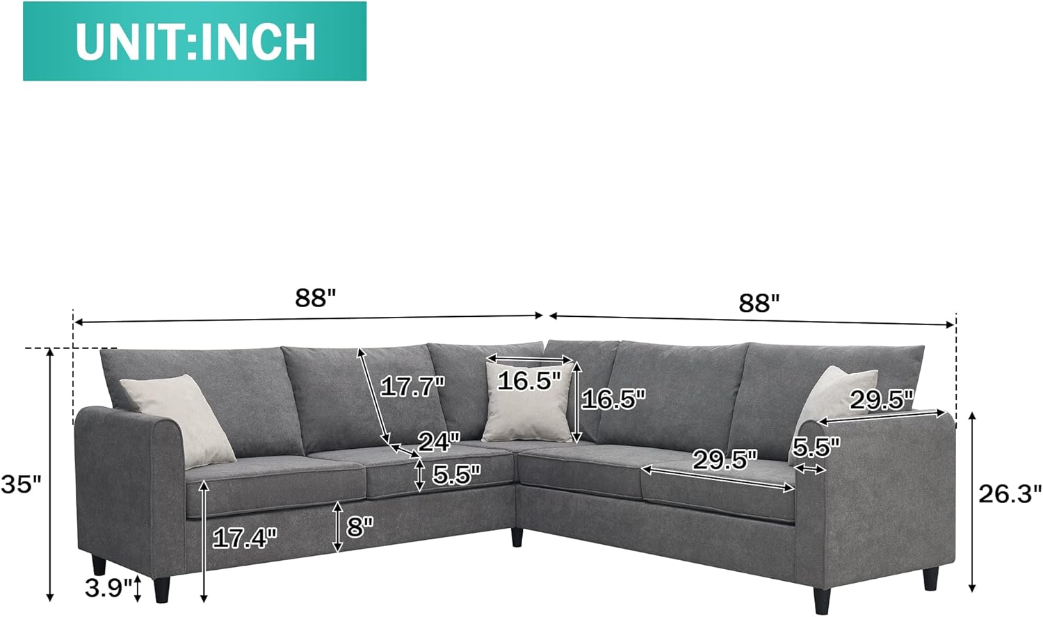 Gray L-Shape Upholstered Sectional Sofa with 3 Pillows U588